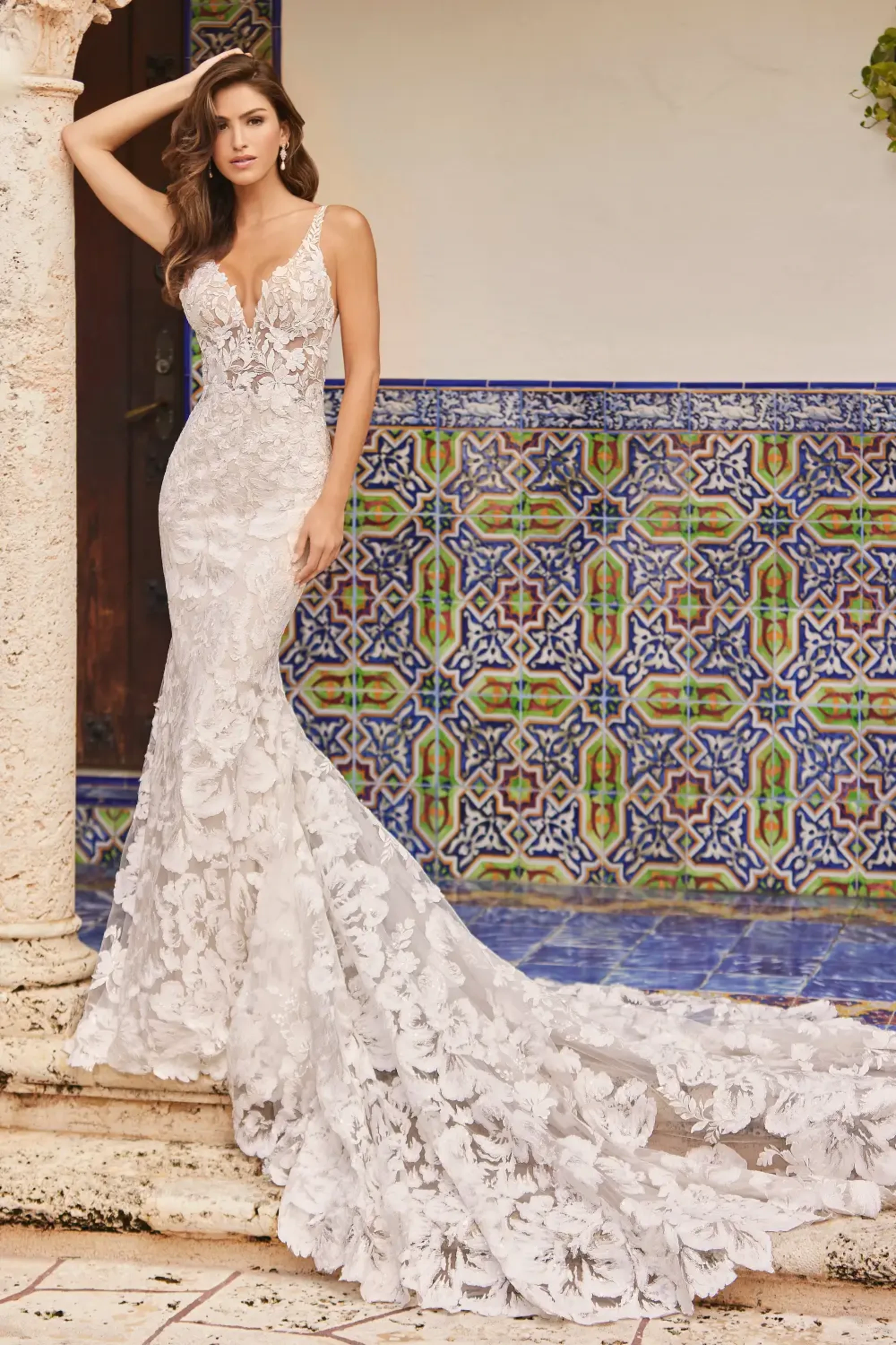 Jessie: Plunging V-Neck Embroidered Lace Mermaid Wedding Dress