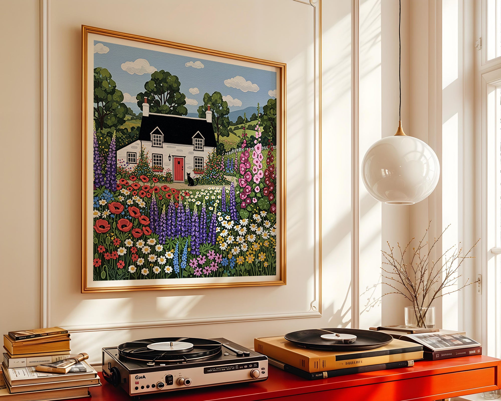 Charming Cottage Garden Art with Black Cat and Colorful