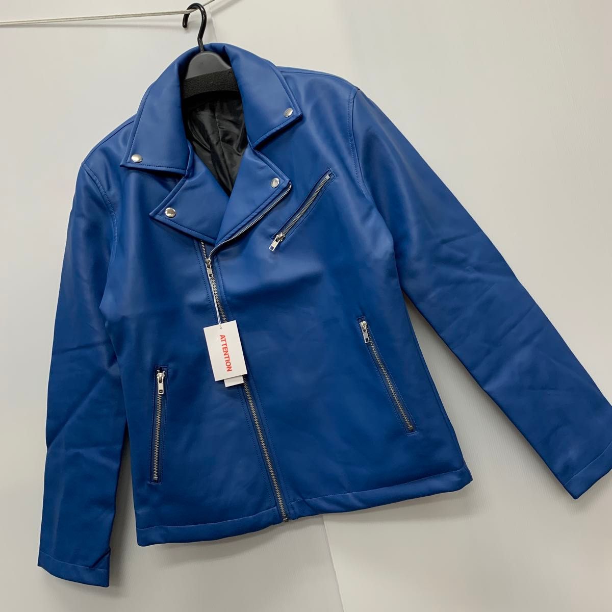 新品 秋物 メンズ Mサイズ フェイクレザーライダースジャケット 青