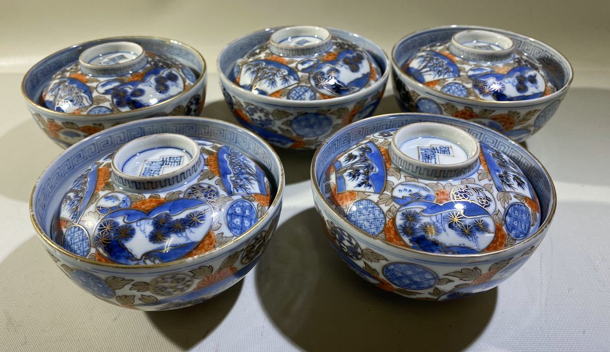 古伊万里 色絵 窓絵 菊に桔梗の図 膾皿 5客 C001AS-CWa 古伊万里 色絵