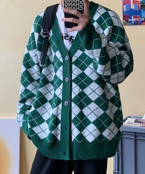 ルーズシルエットアーガイルチェックカーディガン（カーディガン