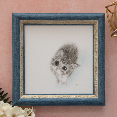 原画・フレーム付き】「見上げる子猫」 パステルアート ねこ かわいい
