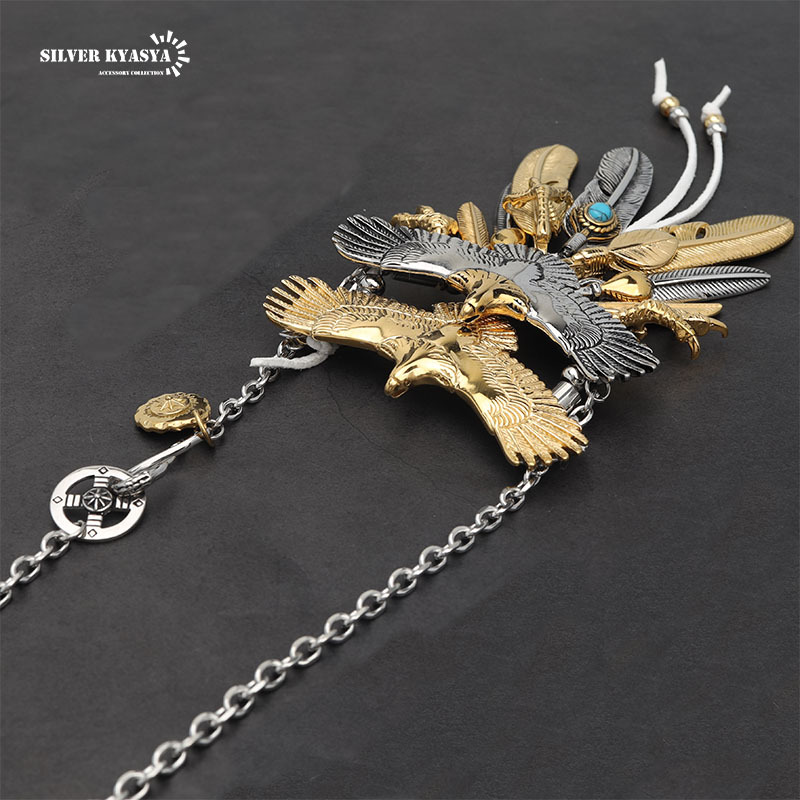 超豪華 フェザーネックレス 特大イーグル2枚重ね ステンレス イーグル