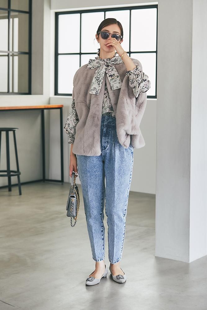 木の実柄プリントブラウス(グレー) - seventen