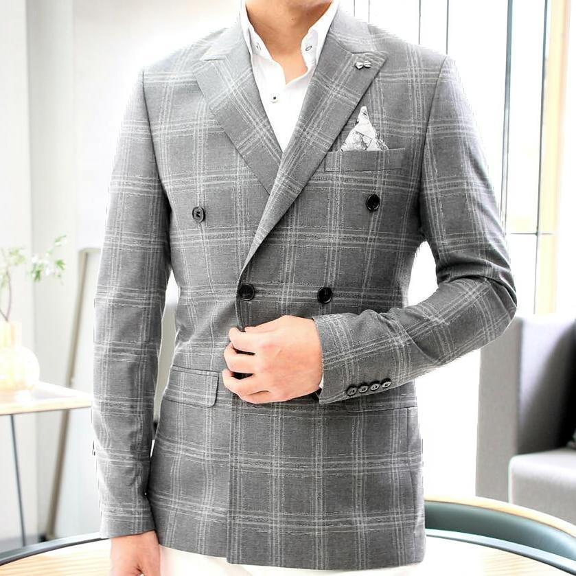 テーラードジャケット ダブル チェック グレー ストライプ ブレザー
