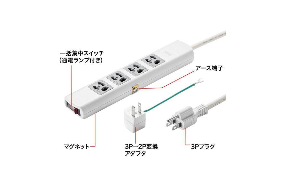 Amazon.co.jp: サンワサプライ 電源タップ 4個口・3P・3m マグネット