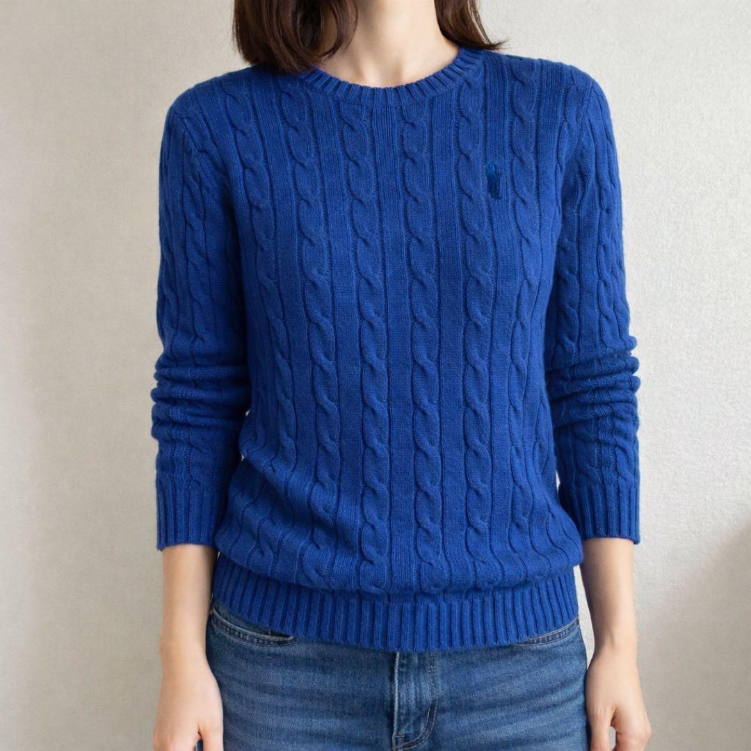 E53 ポロラルフローレン ケーブルセーター ブルー Lサイズ コットン