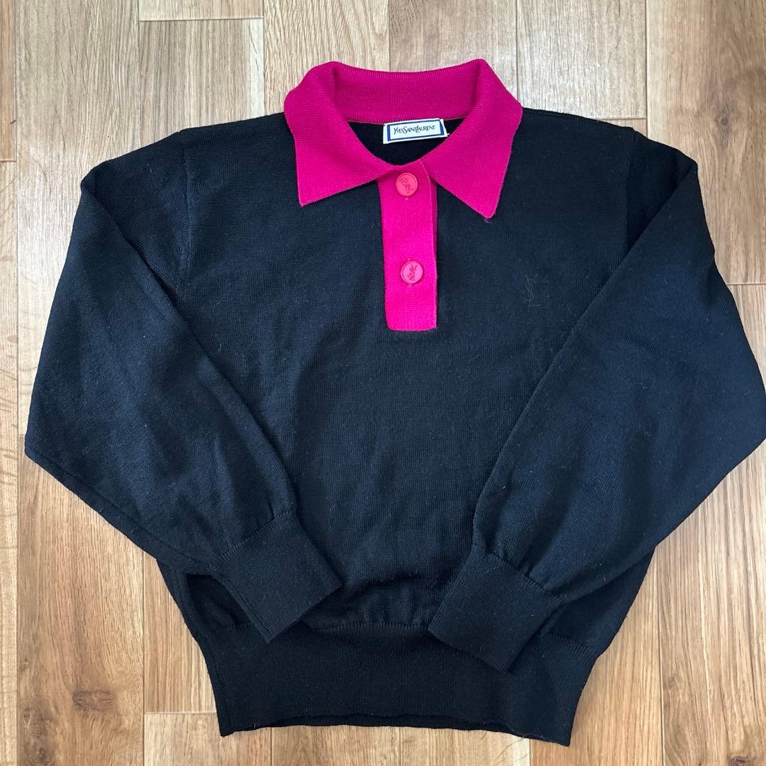 【イヴ サン ローラン】　ニットセーター　襟付き　レディース　ロゴ　M