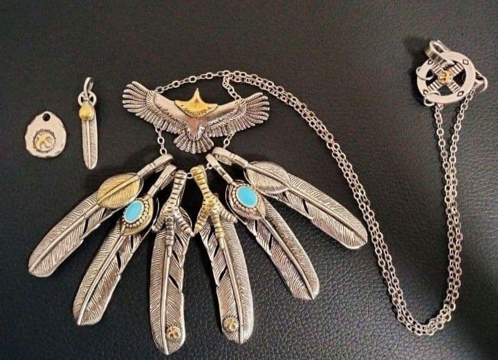 超豪華！特大金爪&ターコイズ　フェザー　ネックレス【イーグルフック&ホイール付】 超豪華 フェザーネックレス 特大イーグル2枚重ね ステンレス イーグル