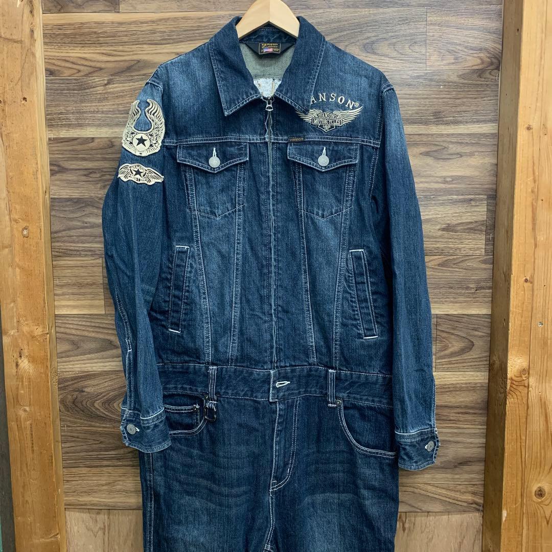 中古 VANSON 総刺繍 デニム オーバーオール つなぎ フライングエンブレム 中古・古着通販】VANSON (バンソン) 刺繍デニムオールインワン