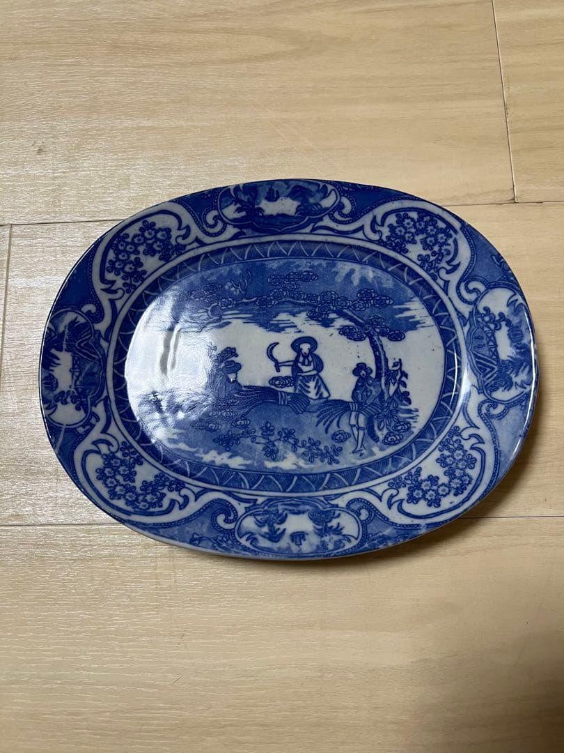 染付 銅版 転写 印判 皿 大皿 明治 図変わり 骨董品 美濃窯 瀬戸