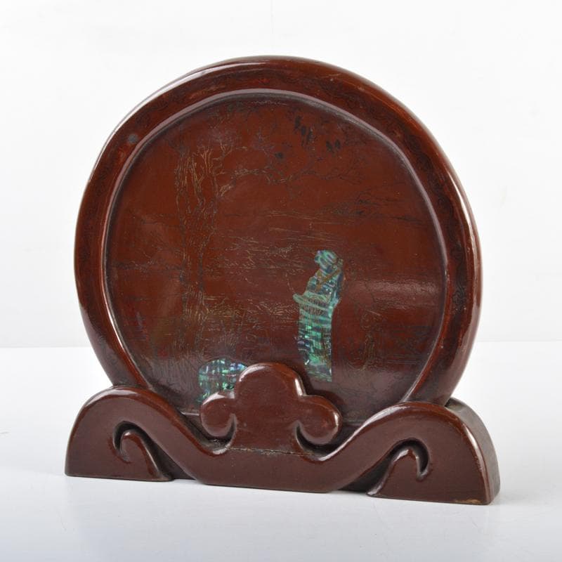 中国　象嵌螺鈿装飾　山水人物文　硯屏　V　4496