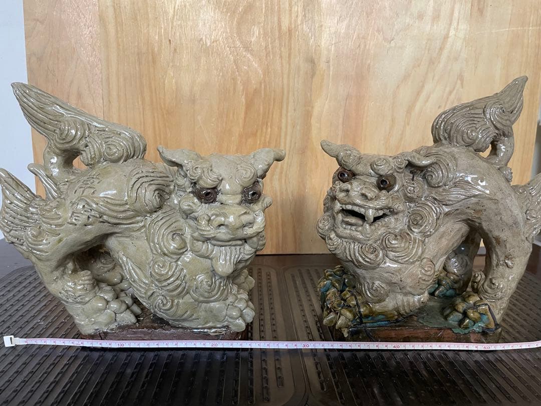 希少　島常賀　台付シーサー白土ペア　阿吽　壺屋焼　名工　沖縄 伝統工芸【陶芸城】読谷壺屋焼 ホーヤーシーサーペア（焼締）（沖縄県