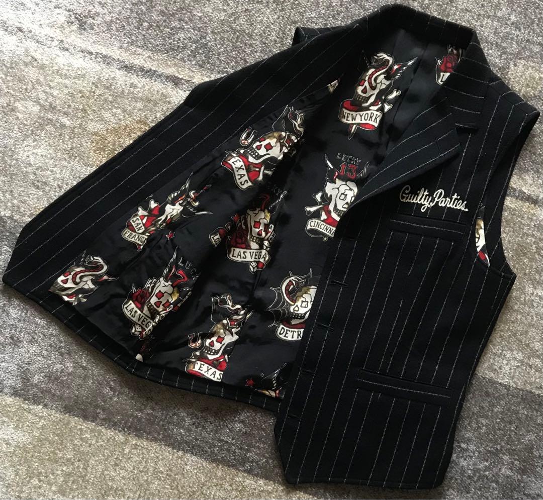 初期の名作 別格の裏地スカル柄 ワコマリア ストライプ柄 髑髏 ベスト ジレ S