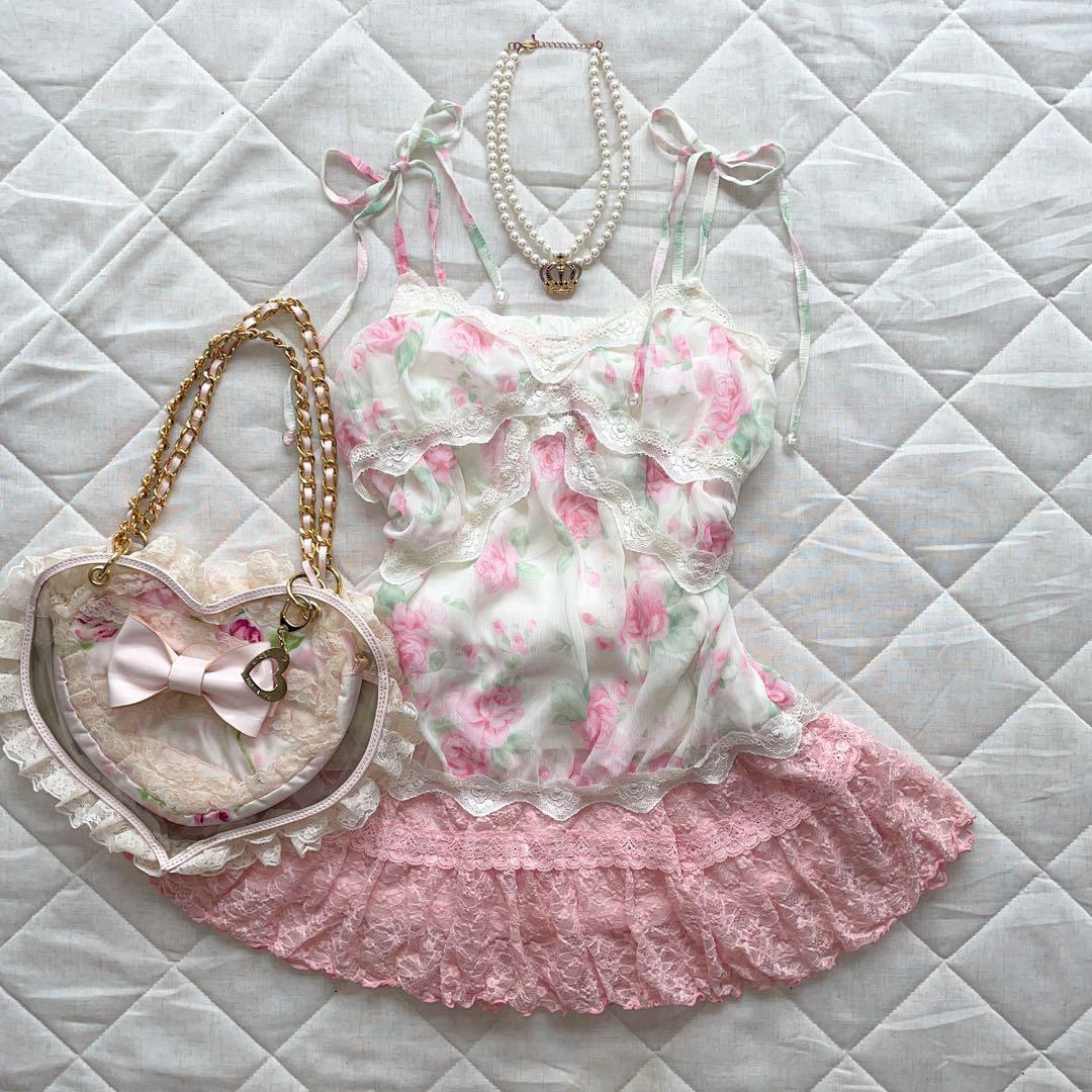 00s LIZLISA 旧タグ ローズ柄 シフォンレースキャミ 姫系