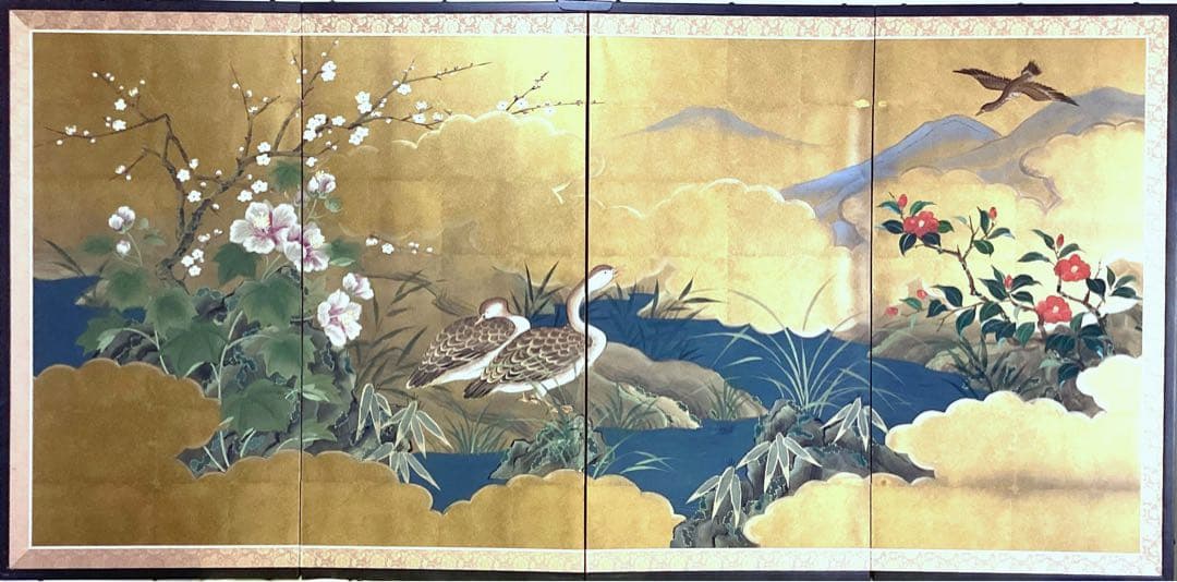 四つ折り屏風　日本画　金箔彩色　『鴨に梅・芙蓉』 金屏風 日本画金屏風絵 の通販(通信販売)/製造 御子柴屏風店