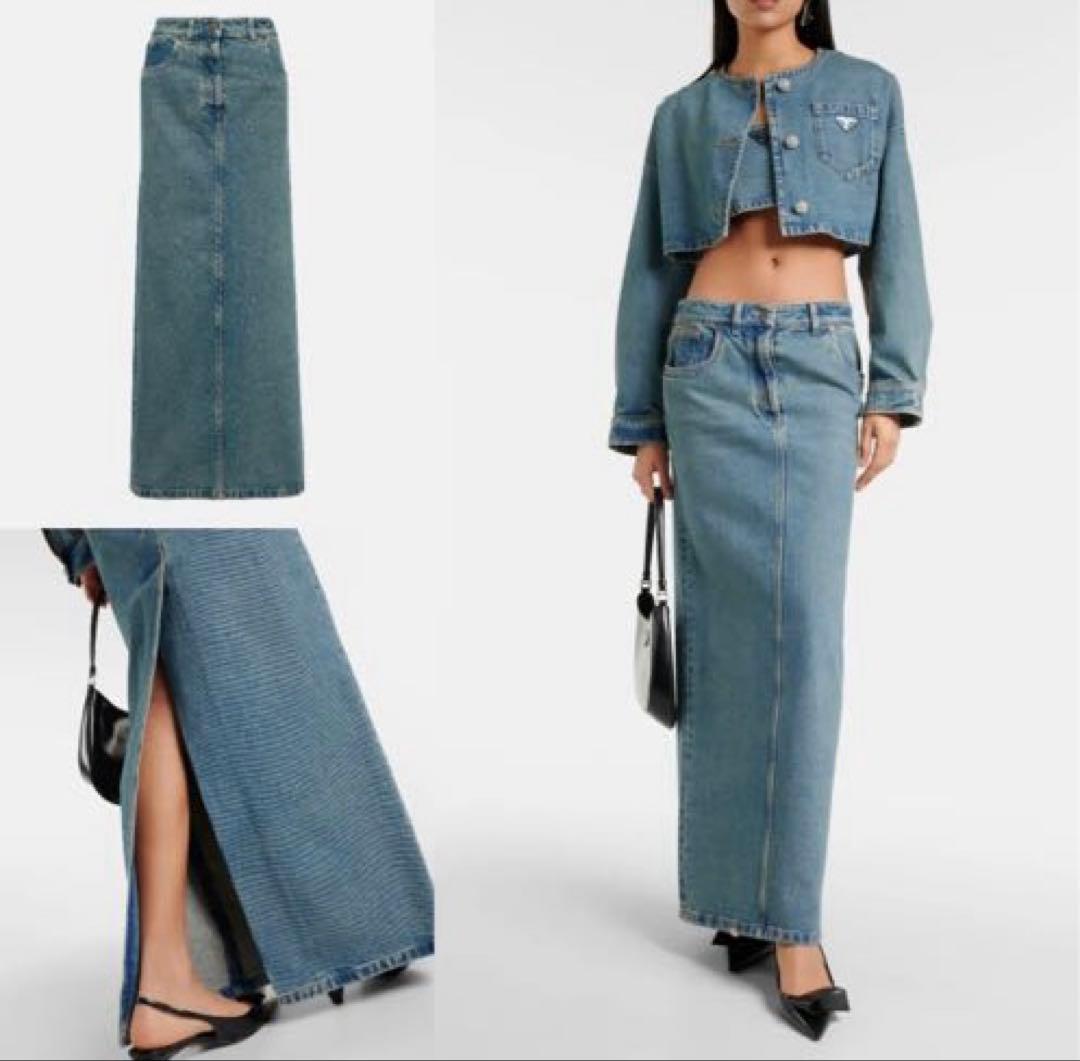 【試着のみ】PRADA プラダ　バックロゴ付デニムマキシ丈スカート