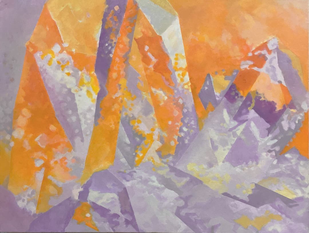 絵画 859 油絵/抽象画風/自然のパターン/天然水晶/オレンジ/紫/P15号