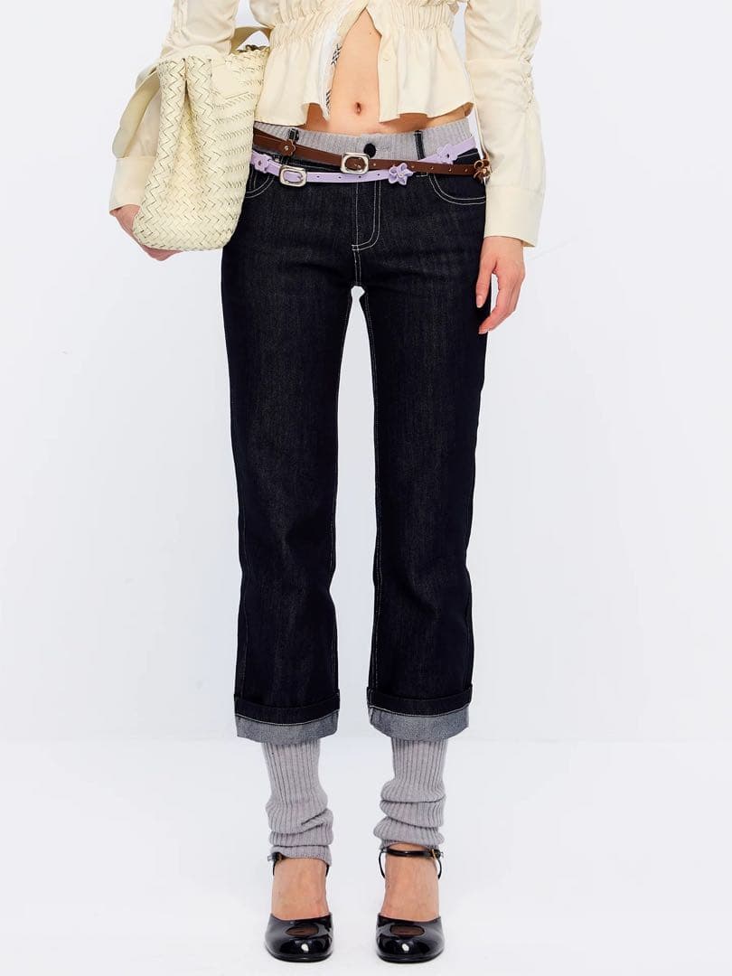 ダークデニム スキニーパンツ リブ裾付き スプライス 個性的 ローライズ 裾上げ無料】AMERICAN RIDERS 203 テーパードジーンズ セットアップ