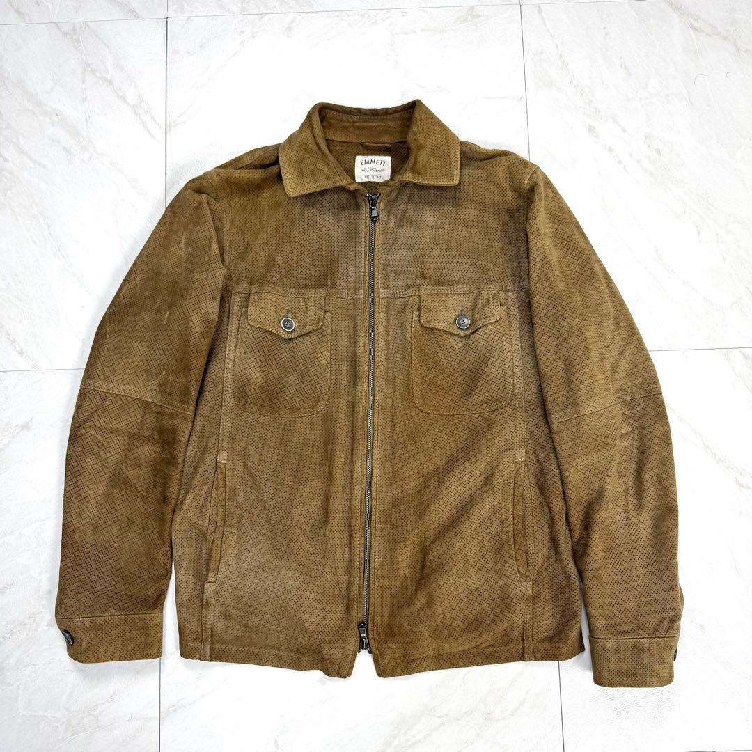 EMMETI パンチング ゴートレザー ライダース ダブルジップ 46 ブラウン