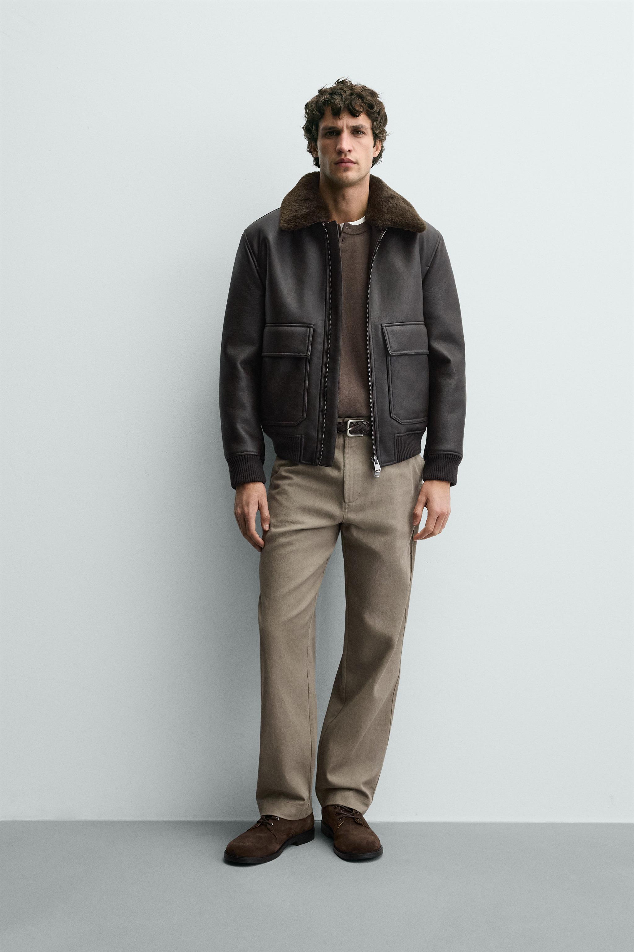 フェイクレザー コントラストカラー ジャケット - ダークブラウン